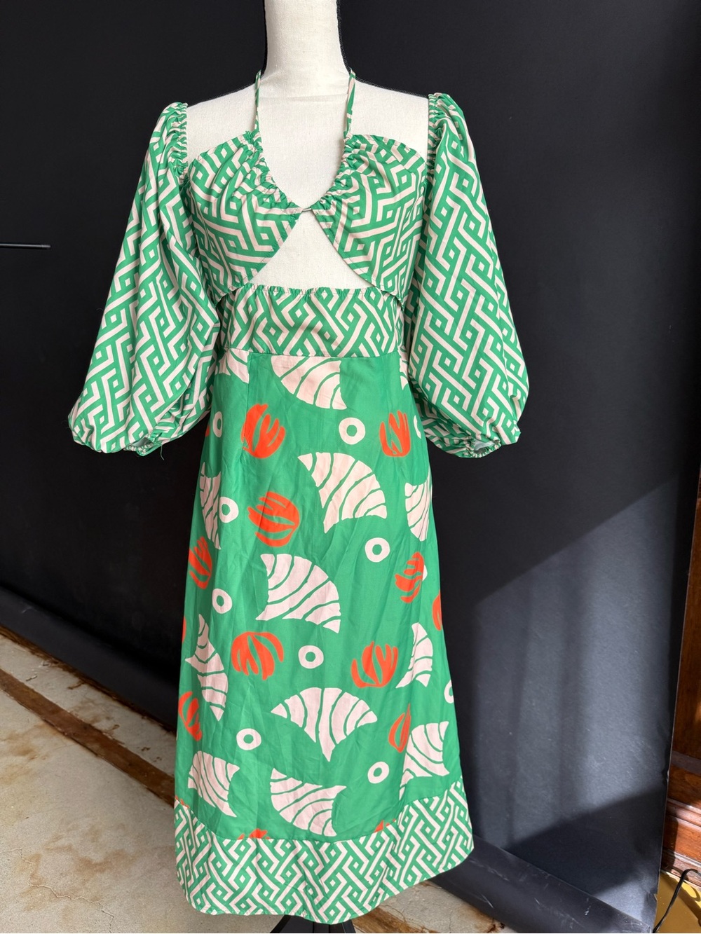 SHEIN Light Green Patterned Dress with Bright Green Trim